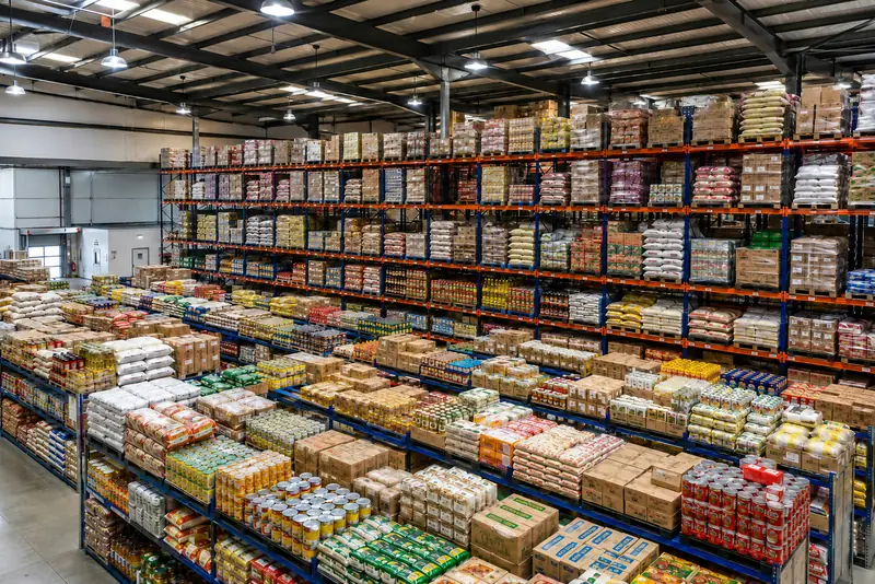 Armazém de distribuição com corredores de estantes cheias de produtos embalados